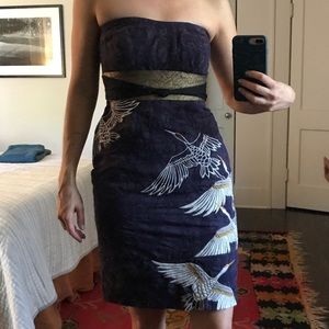 Vintage style dark blue strapless Anthropologie dress with embroidered cranes